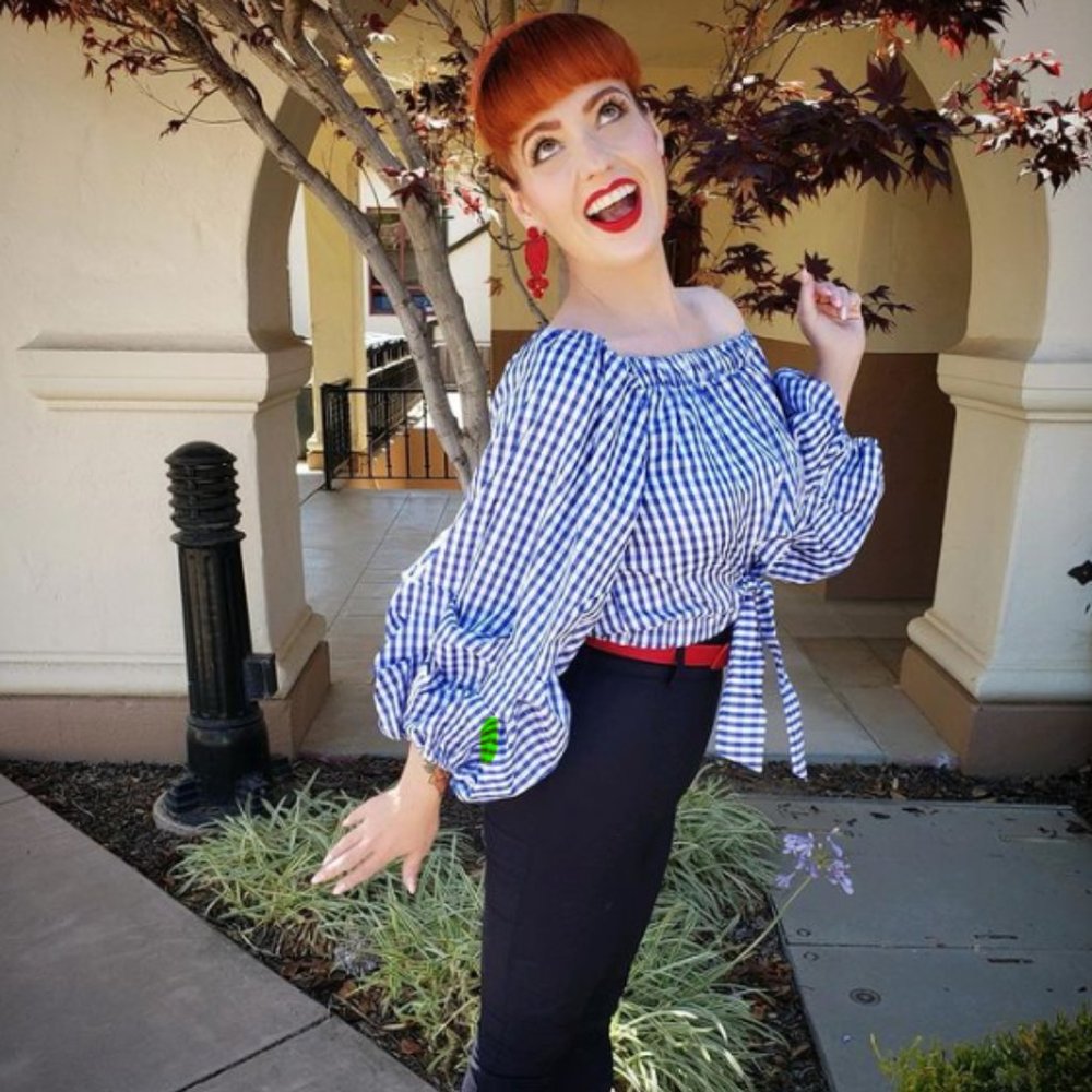 Pinup Couture Blue White Gingham Off-Shoulder Peasant Top S